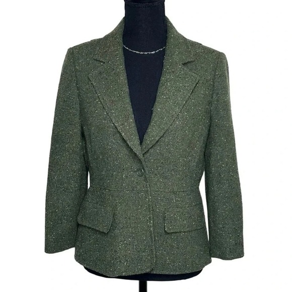 Daisy Fuentes‎ size 8 olive green tweed 1 button fitted blazer - Picture 2 of 9